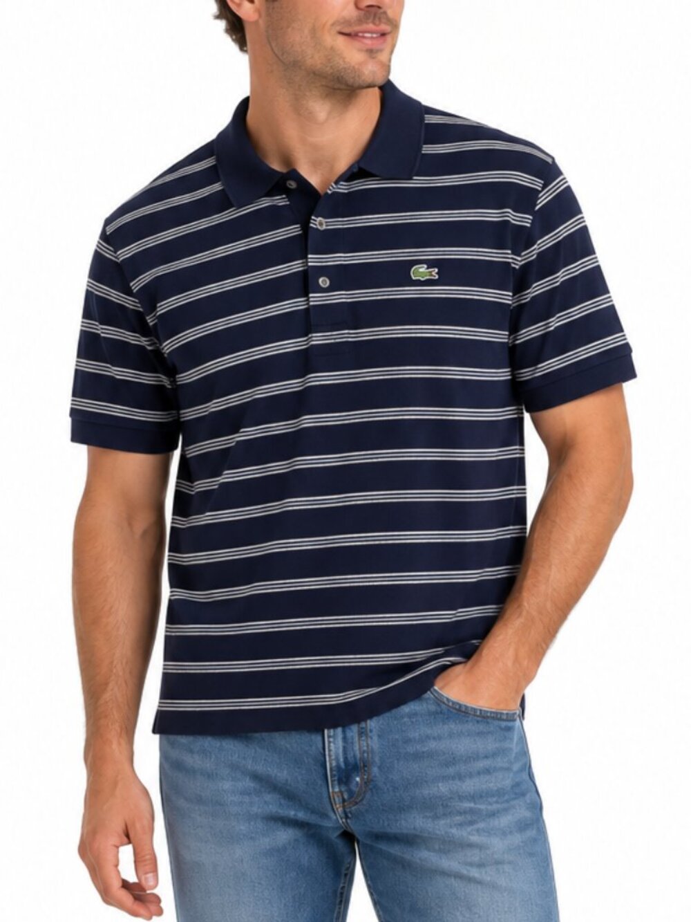 Lacoste Petit Piqué Striped Polo Shirt Navy White Men’s Size 5 Large